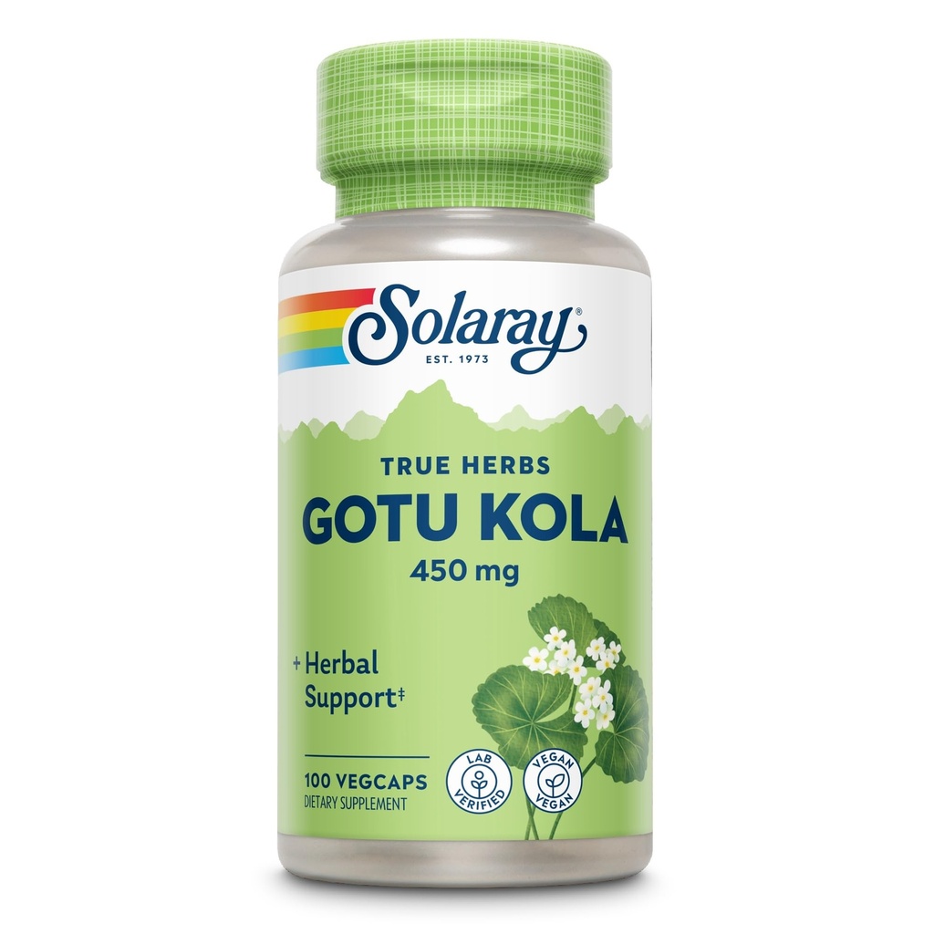 SOLARAY Gotu Kola 450mg - Centella Asiatica augu bagātinātāji - Gotu Kola kapsulas izgatavotas no vesela aerodinamiska materiāla, kas nodrošina spēcīgu labsajūtu - Vegan, Non-GMO, Lab Verified, 60 dienu garantija, 100 Kalpojumi