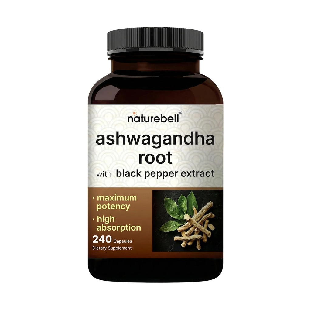 NatureBell Ashwagandha ar melnajiem pipariem, 240 kapsulas; augsts absorbcijas komplekss – Papildus stipruma saknes ekstrakts – Adaptogens piedevas relaksācijai – ne-GMO