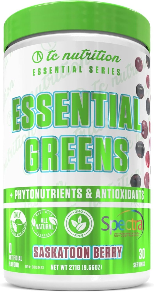 Essential Greens pulver ; Optimizēt veselību + enerģija ; Spectra, Organic Matcha, Spirulina, More ; Probiotikas & Gremošanas atbalsts , Antioksidanti ; Stevia Sweetened, Saskatoon Berry,30 Serv, Non-GMO, Vegan