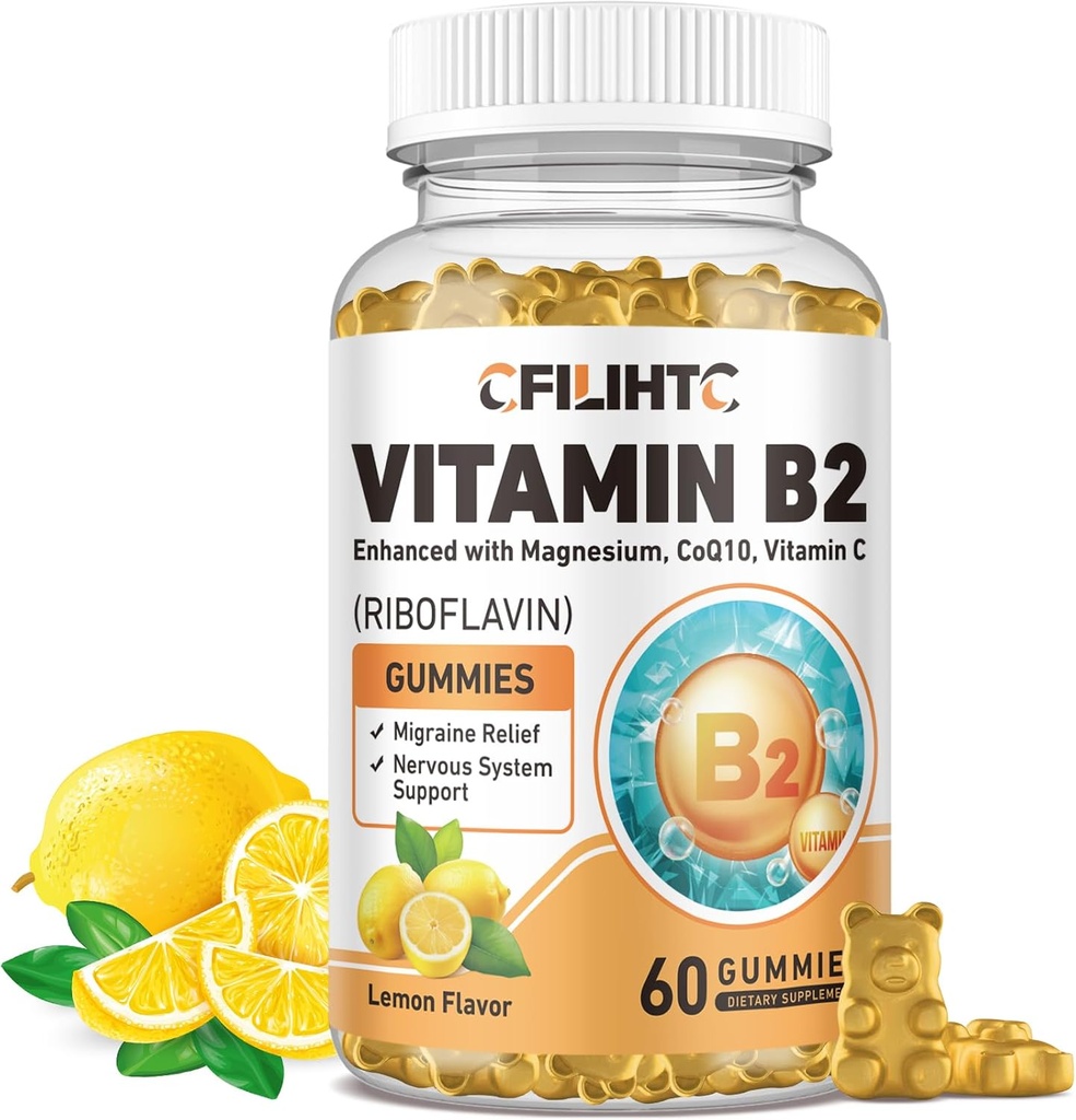 Vitamīns B2 Gumies Riboflavin 400mg Papildinājums bērniem un pieaugušajiem - magnija glicināts, cinks, CoQ10, vitamīns B12 - Migraine Relief & Enerģija, nervu sistēmas atbalsts, bez citrona Flavor, 60ct