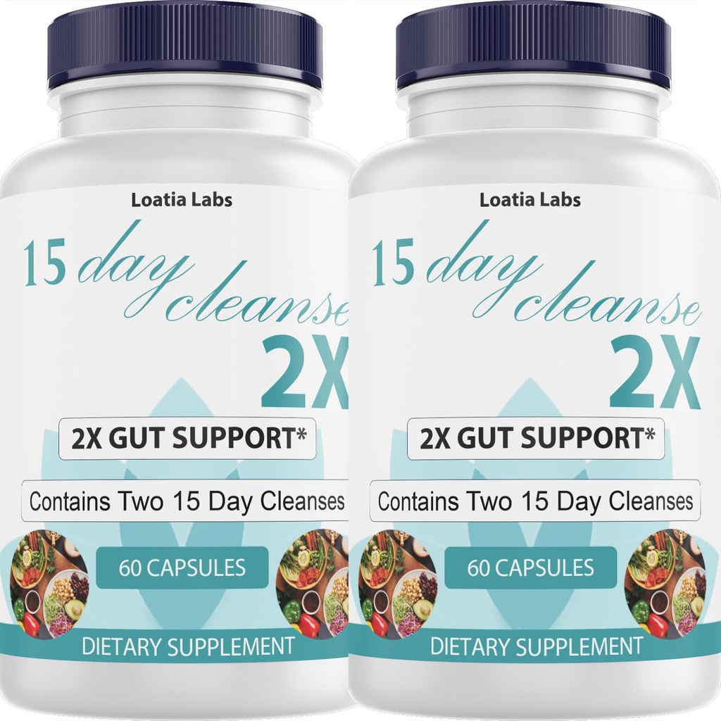 15 Day Cleanse 2X - Double Gut & Colon Support - Advanced Gut Cleanse Detox sievietēm un vīriešiem ar Alfalfa, Cascara Sagrada, Probiotics & Psyllium Husk - Ne-GMO - Ražots ASV - 60 Kapsulas (2 pudeles)