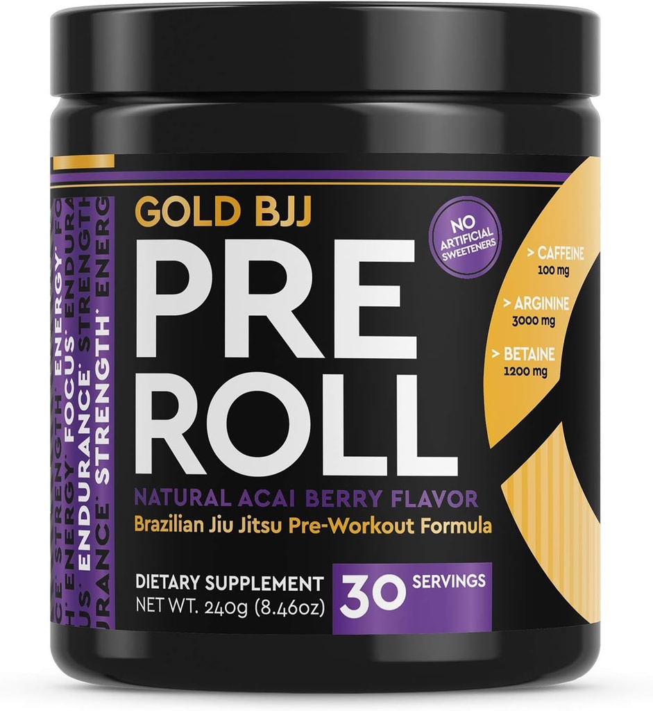 Gold BJJ PreRoll - Jiu Jitsu Pre Workout papildinājums enerģijai, fokusam un izturībai - cīņas mākslas īpašu pirmsdarba pulvera formula ar dabas Flavors (Acai Berry, 30 Kalpo)