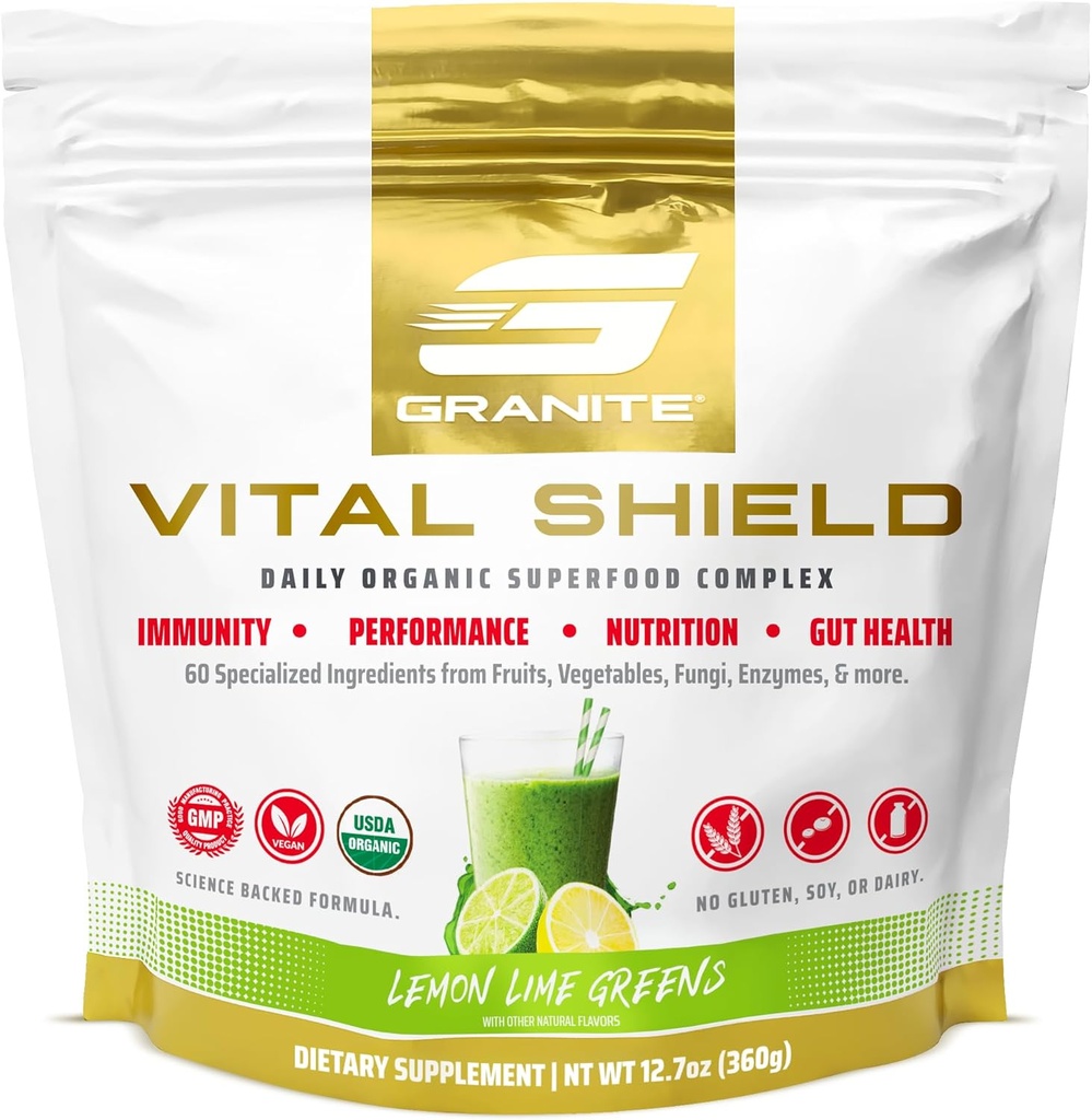 Granite Nutrition Vital Shield - USDA Organic Superfood Greens ar sēnēm un tart ķiršu – atbalsta enerģiju, imūnās funkcijas un gremošanas veselība – citronu laima Flavor (30 Kalpo)