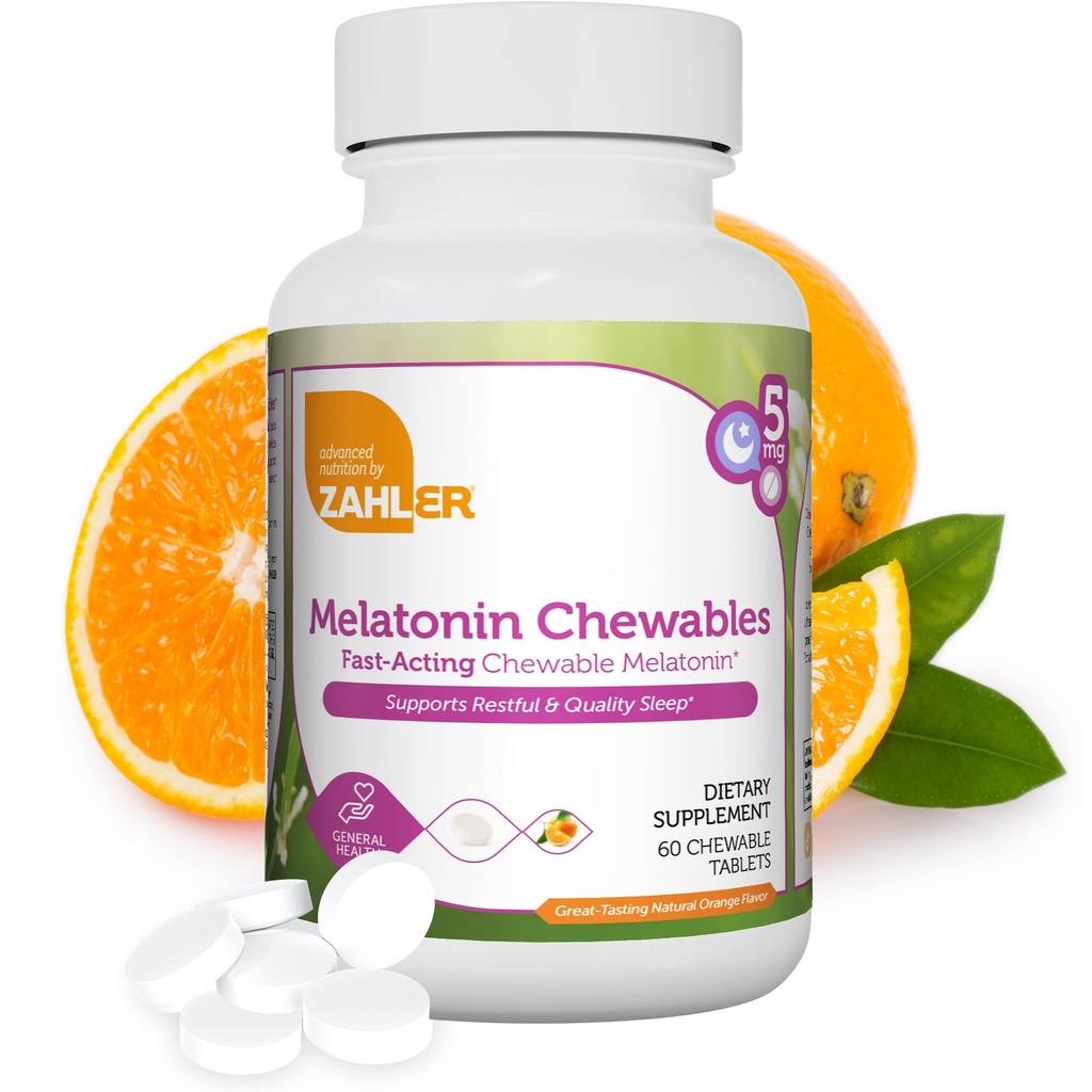 Zahler Melatonin 5mg tabletes - Ātri iedarbojoties Košļājamā Melatonīna 5 mg tabletes - Delicious Orange Flavor - Atbalsta Restful un Quality Miega - Košera ne ĢMO Ražots ASV Diētiskā Piemaksa, 60 Count