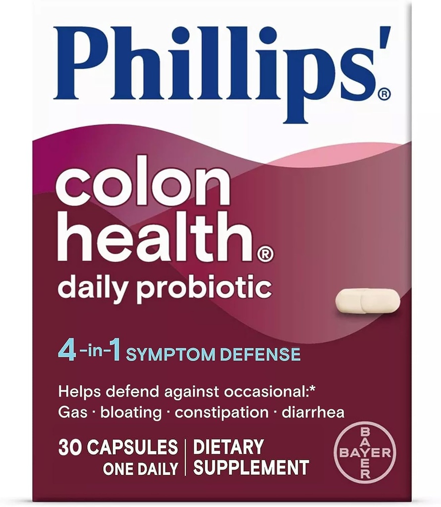 Phillips' Colon Health Dienas probiotikas kapsulas, 4-in-1 Simptomu aizsardzība, lai palīdzētu aizsargāt pret neregulāru gāzi, uzpūšanās, aizcietējums, un caureja, ikdienas papildinājums, 30 Skaits