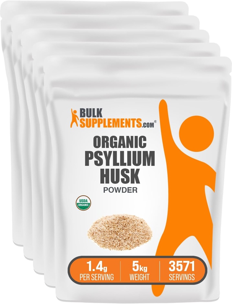 BulkSupplements.com Organic Psyllium Husk Powder - Psyllium Husk Powder for Baking, Fiber Papildinājums - bez lipekļa, 1,4g per Serving, 1kg (2.2 mārciņas) (iepakojums no 5)