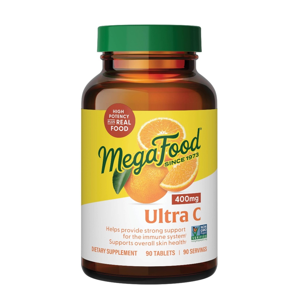 MegaFood Ultra C 400 mg - Vegan Imūnbalsta papildinājums ar C vitamīnu, izgatavots no reālas pārtikas, ieskaitot brokoļus, burkānus, dzērvenes un brūnos rīsus, bez lipekļa, košera - 90 tabletes, 90 veltes
