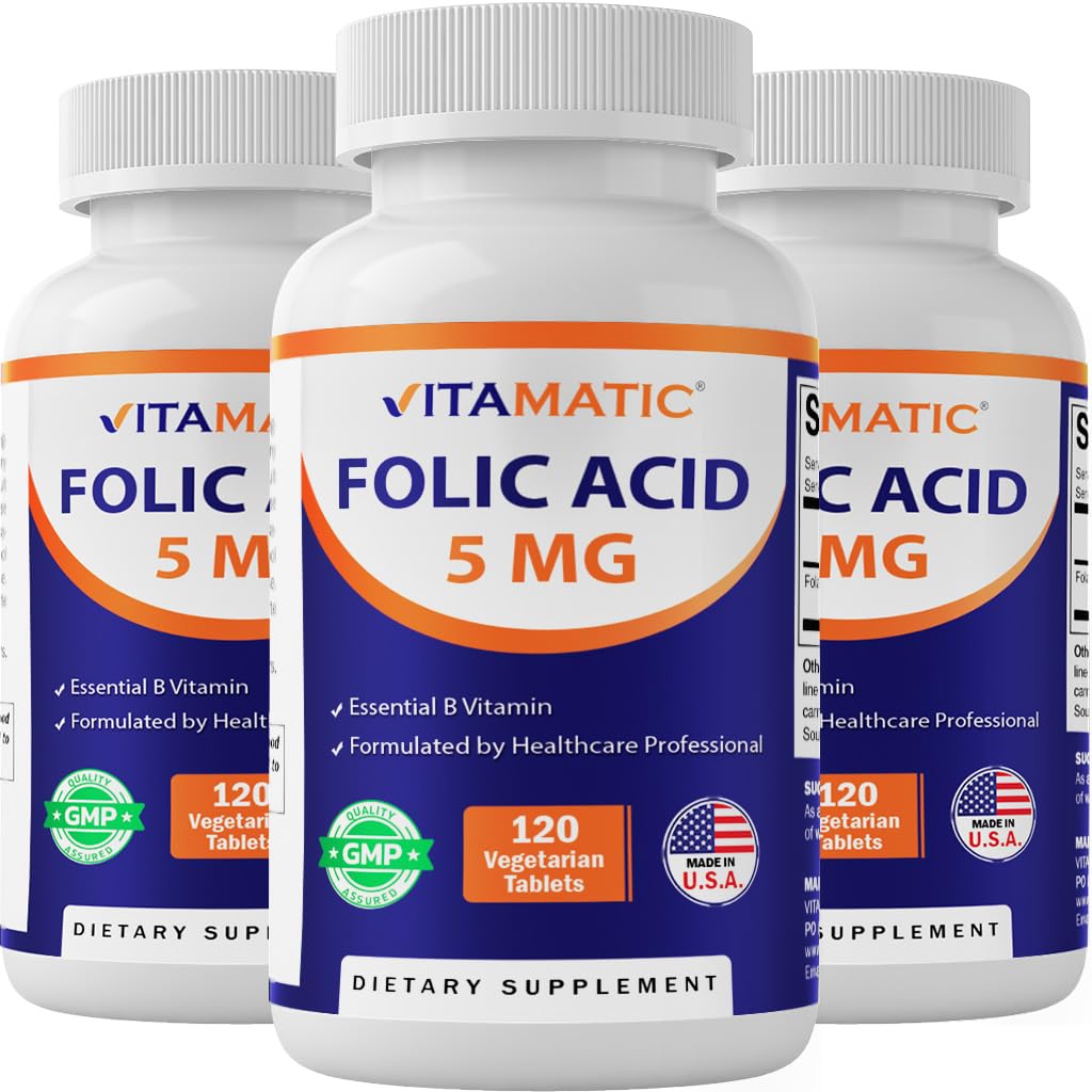 Vitamatiskā folijskābe 5 mg (5000 mcg) – 120 Veģetārās tabletes pudelē – vitamīns B9 (folāts) – 3 iepakojums – kopā 360 tabletes