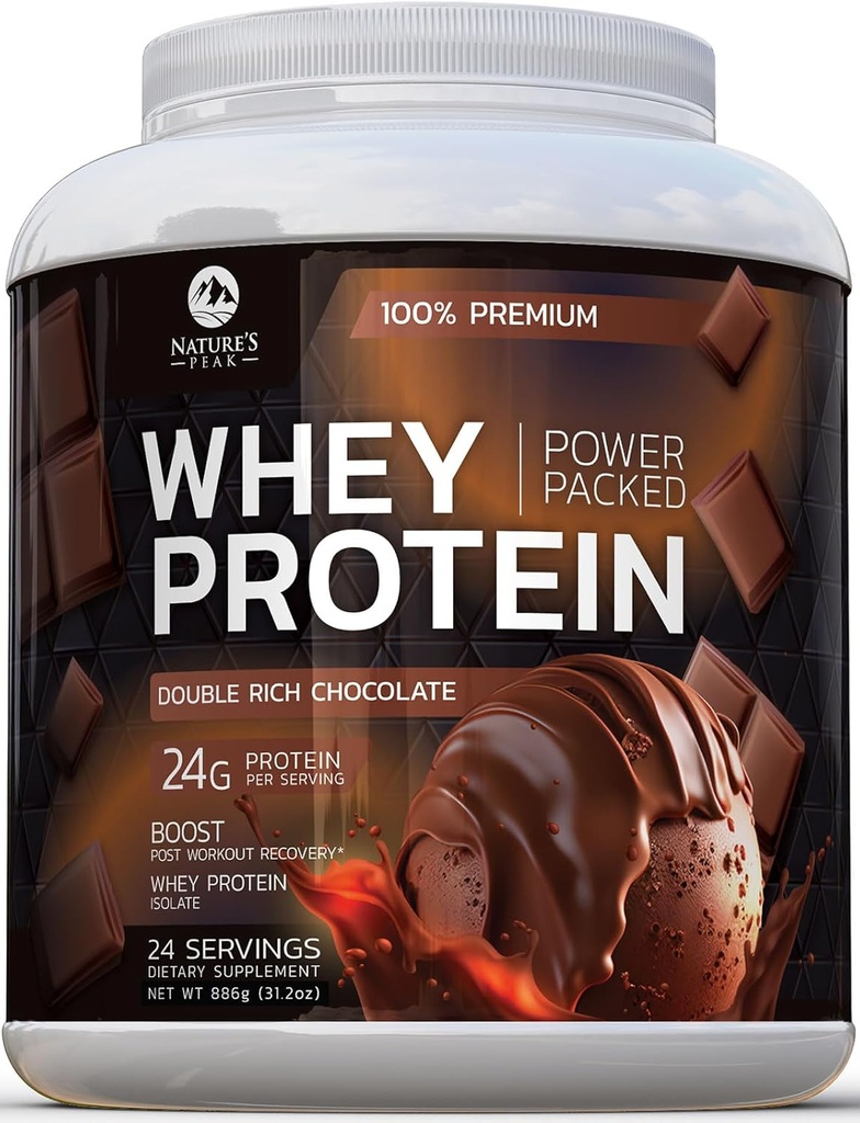 Premium 100% Sūkalu Olbaltumvielu pulveris 24g, Double Rich Chocolate, Advanced Isolate Protein Muskuļu Gain, Recovery & Imūnsistēmas atbalsts, Nav pievienots cukurs, Shakes & Chocolate Smoothies - 24 Kalpo