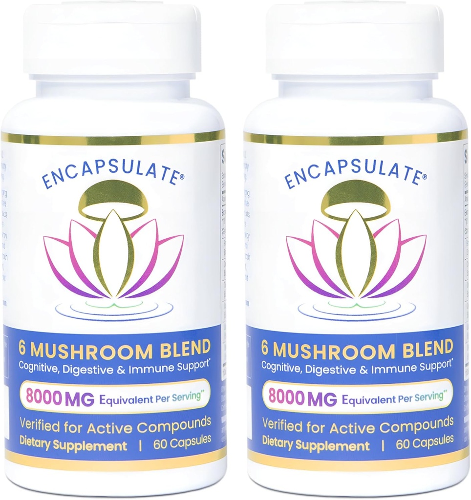 ENCAPSULATE 6 Sēnes Blend – Reishi, Chaga, Turkey Aste, Cordyceps, Lion’s Mane & Shiitake 8:1 Sēņu ekstrakts – Nootrop & Adaptogen Sēņu papildinājums Gut, Brain & Imūnsupport - 120 Caps