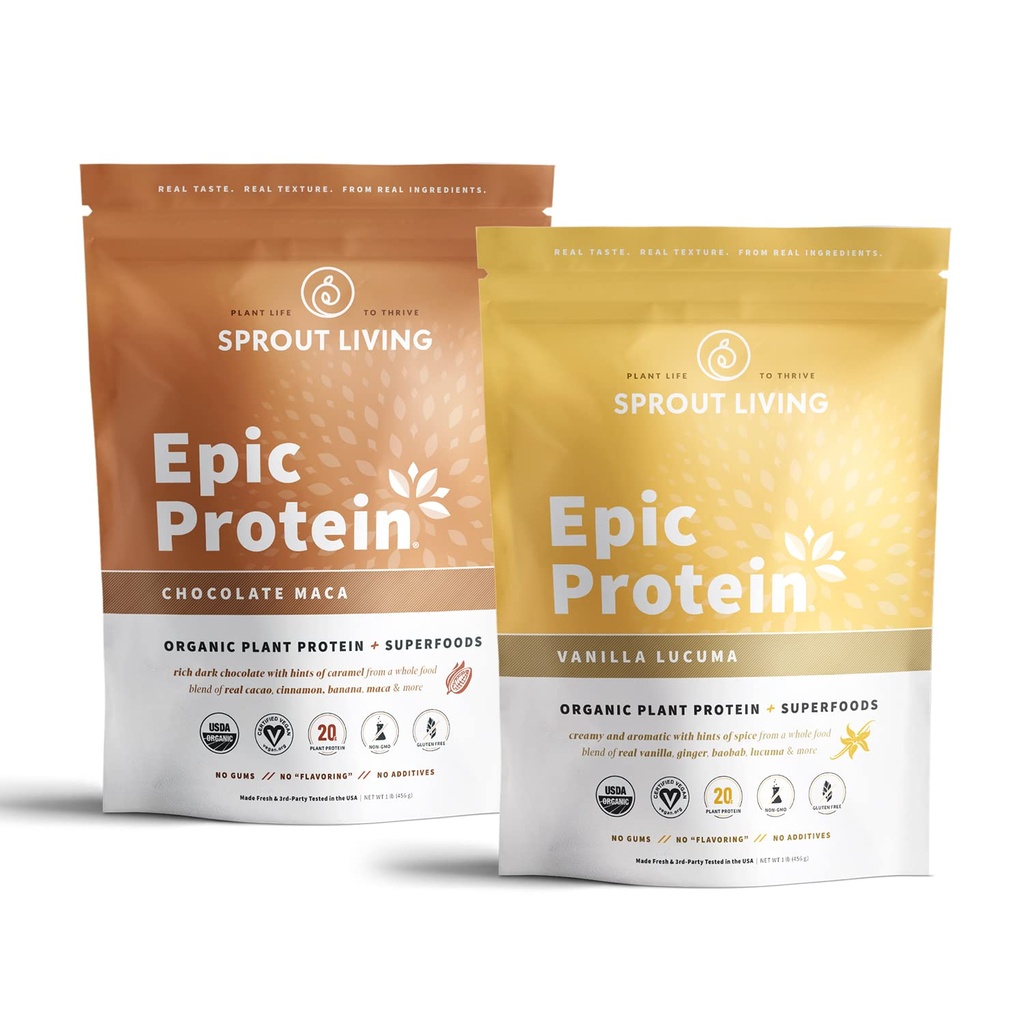 Sparģeļu dzīves epika Olbaltumvielu Bundle - Šokolādes Maca & Vanilla Lucuma (20g Organic Plant-Based Protein Pulveris, Vegan, bez lipekļa, Superfoods)