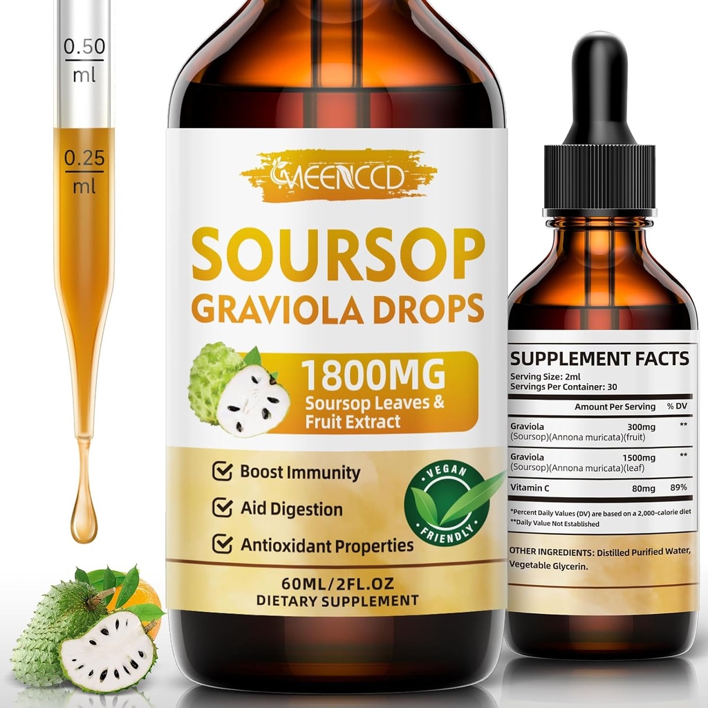 Sorsop Graviola šķidruma pilieni 1800mg, dabas antioksidants, šūnu atbalsts un reģenerācija, imūnā Boost, soursop bitters Šķidrums, bez cukura, ne-GMO, Vegan, Orange Flavor, 2 FL OZ