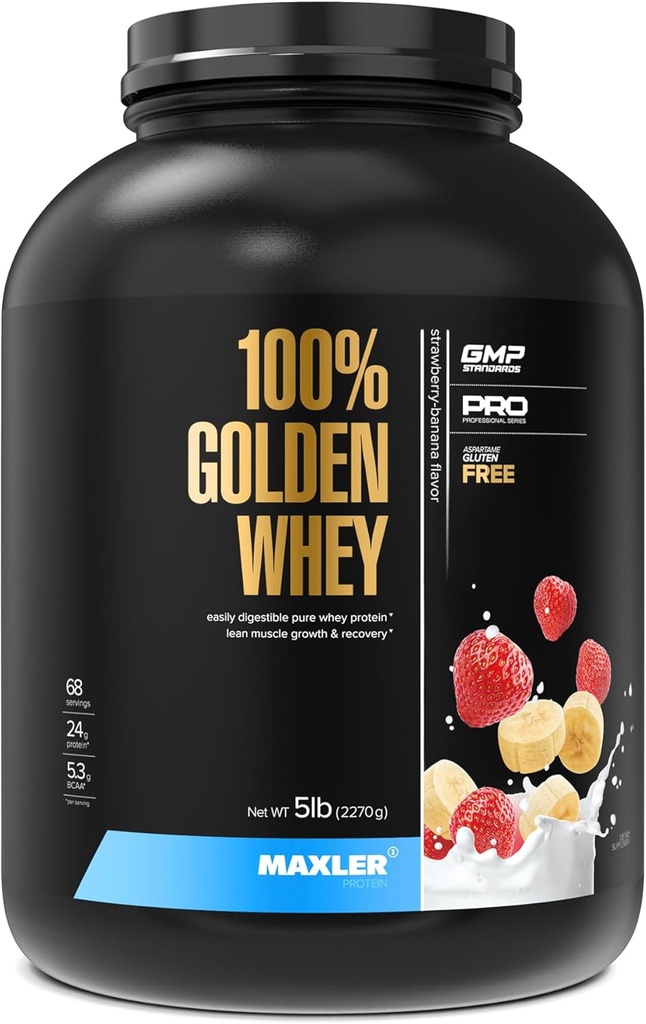 Makslers 100% Zelta sūkalu proteīns - 24g proteīna per apkalpo - Premium sūkalu olbaltumvielu pulveris pirms post Workout - Ātrās absorbcijas sūkalu koncentrāts, Izolāts un hidrolizāts Blend - zemeņu banānu 5 lb