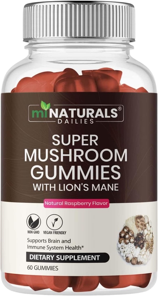 MINATŪRAS Super Sēnes Gumijas pieaugušajiem, 10X Sēņu Papildinājums w/Lions Mane, Atbalsta Smadzenes un Imūnās sistēmas veselība, Nav vairāk tabletes un kapsulas