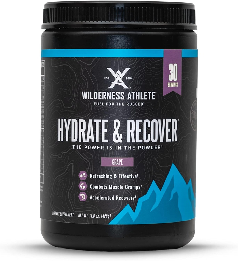 Wilderness Sportists - Hidrate & Atgūt ; Šķidruma hidrācijas pulveris Elektrolītu Dzēriens Mix - Atgūt ātrāku ar Bcaas - Hydrate Pulveris ar 1000mg C vitamīna - 30 Kalpojot Tub (Grape)