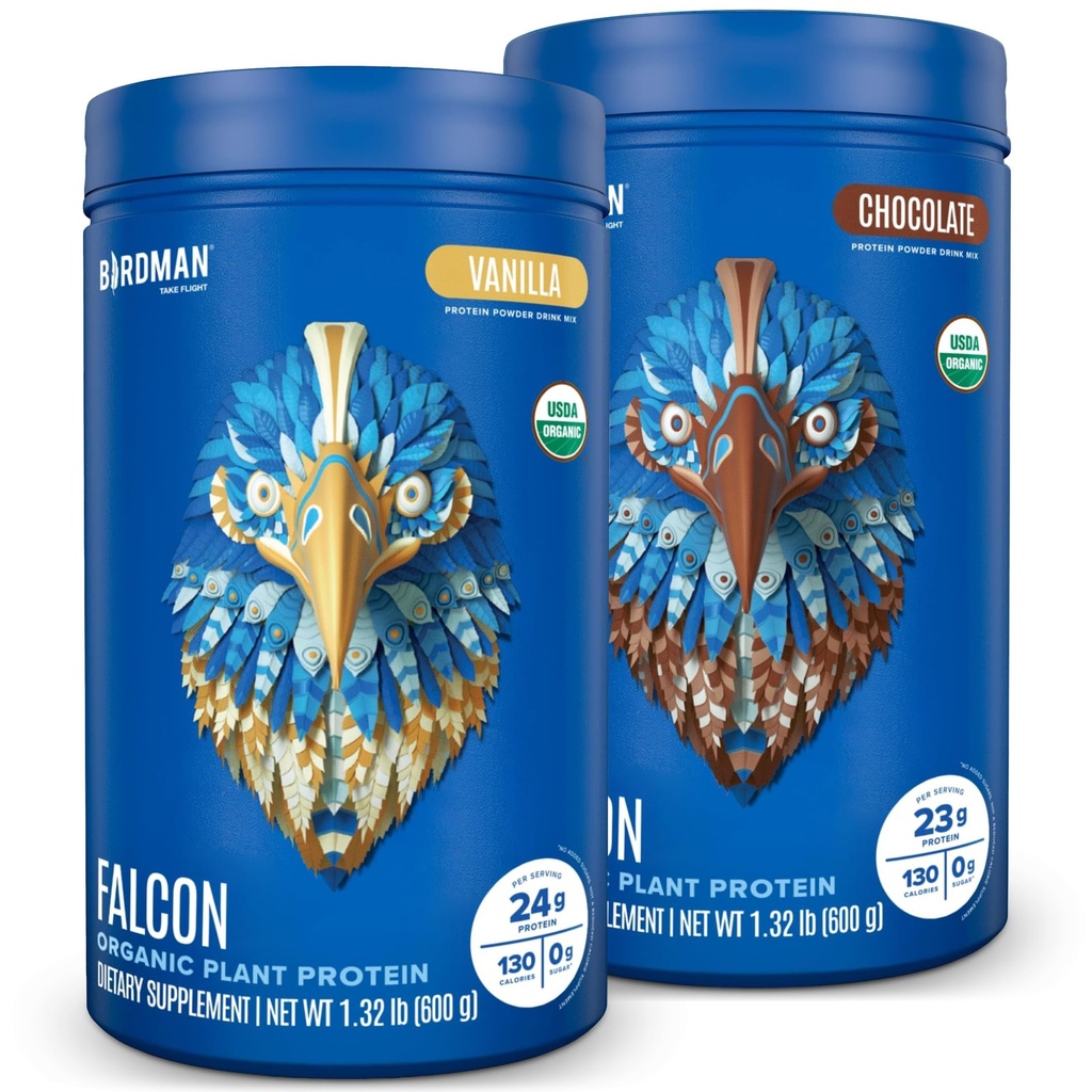 BIRDMAN Falcon Vegan Protein pulveris Organisks, Stevia un bez cukura, augu bāzes, zema Carb, bez piena, Keto, non Shey, probiotikas, pīļu proteīns ”Kombinēt iepakojumā: Vanilla un šokolādes Flavors - 20 Kalpo katru