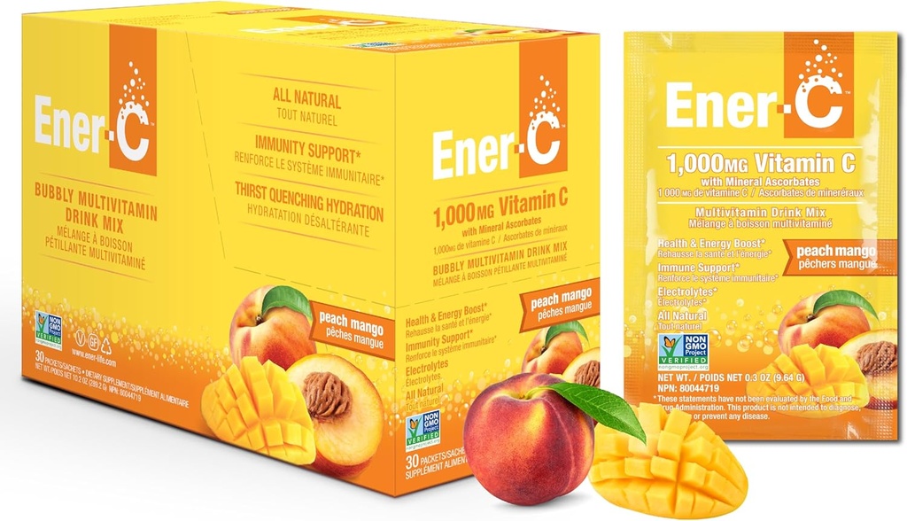 Ener-C persiku mango Multivitamīnu maisījums Pulveris C vitamīns 1000mg & Elektrolīti ar īstu augļu sulu Dabas enerģija un Imūns Atbalsts sievietēm un vīriešiem - Non-GMO Vegan & Gluten Free - 30 Count