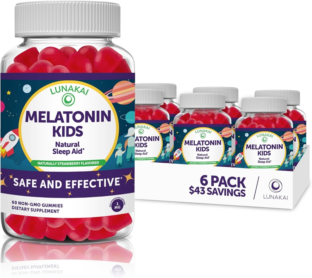 Lunakai Kids Melatonin Gummies 1mg - Visbūtiskākā patentētā formula - ne-GMO, Vegan, bez glutēna mazdevas papildinājums bērniem - dabas miega gumija bērniem 2 gadu vecs+ - (6 iepakojums)