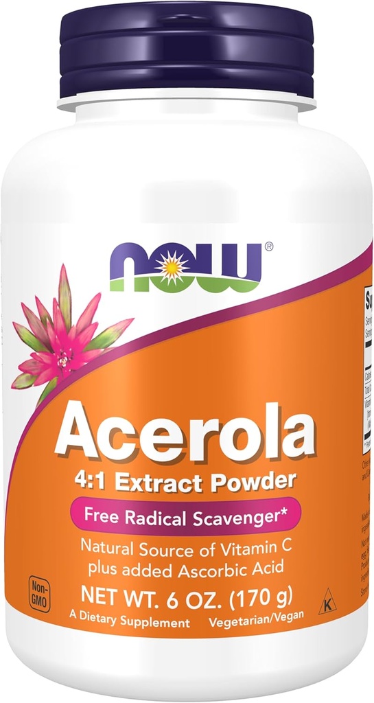 Acerola 4:1 ekstrakta pulveris, acerola un askorbīnskābe, brīvais radikālais kaveners*, 6-ounce