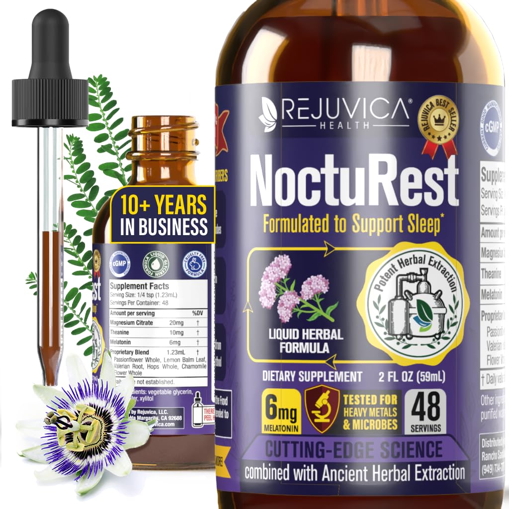 NoctuRest natural sleep-Aid with Valerian and Melatonin - All-Natural Liquid formula 2X absorbcijai - magnijs, L-Teanīns un vairāk