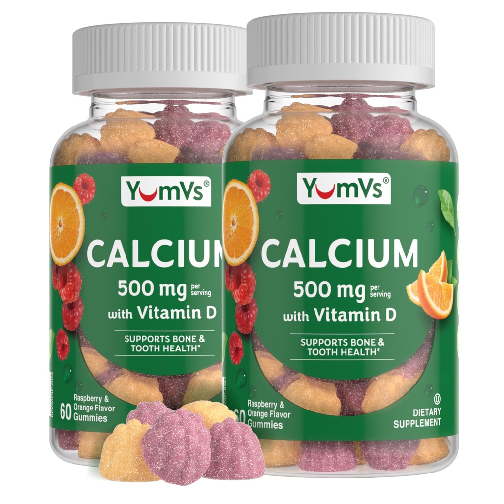 YumVs Kalcijs 500mg ar vitamīnu D3 - Aveņu & Orange Flavor Kalcija vitamīns D Gumies, košļājamā kalcija papildinājums bērniem un pieaugušajiem, D vitamīna kalcija Gumies (60 Skaits (Iepakojums 2))