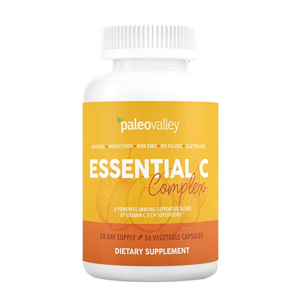 Paleovalley Essential C Complex - C vitamīna papildinājums imūnās sistēmas atbalstam - 1 iepakojums, 450mg - Organic Superfoods Unripe Acerola Cherry, Camu Camu, Amla Berry - Nav sintētiskās askorbīnskābes - ASV Ražots