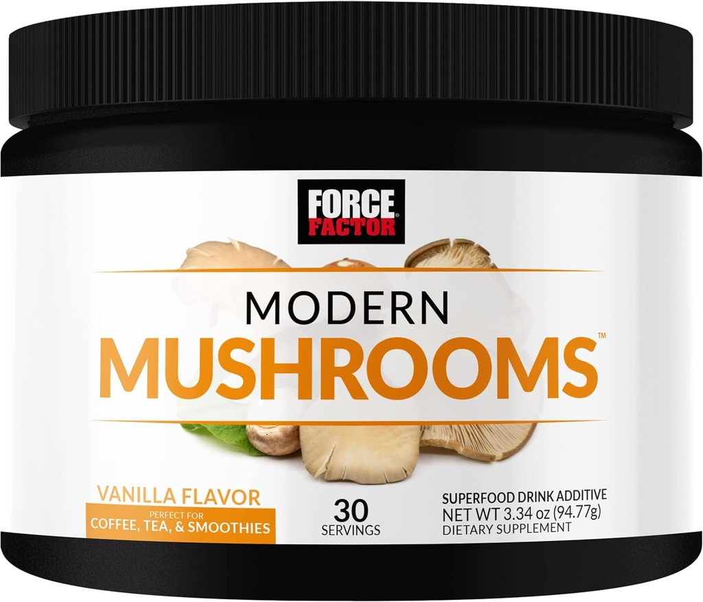 FORCE FACTOR Mūsdienu sēņu pulveris, sēņu papildinājums ar Lions Mane, Turcija Aste, & Cordyceps to Support Energy, Focus, Immunity, & Digestion, Vanilla Flavor, 30 Kalpo