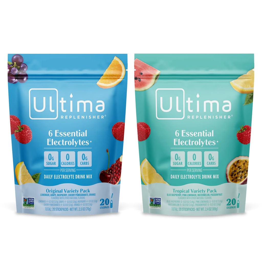 Ultima Replenisher Dienas elektrolītu pulveris Dzēriens Mix – bez cukura – Tropiskā šķirne un 5-Flavor Variety, 20 Stickpacks – Hidratācijas paketes ar 6 elektrolītiem un minerālvielām – Keto, ne-GMO