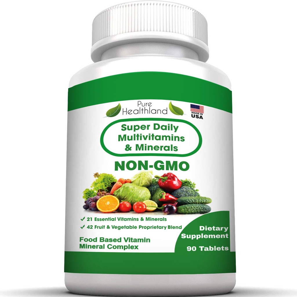 Pure Heathland Ne-GMO Super Daily Multivitamīni pieaugušajiem – 42 Dabīgie augļi un dārzeņi Kombinēts ar 21 Essential Vitamīni un minerālvielas – Vegan Coating tablets, 90 Count, Ražots ASV