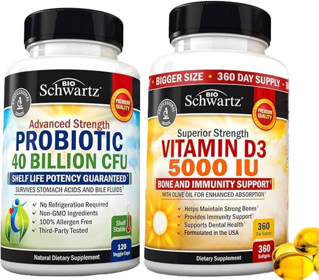 Augsta stipruma D3 vitamīns 5000 SV 125 μg (1 gada piedāvājums) Plus 40 miljardi KVV Dienas probiotikas papildinājums (2 mēnešu piedāvājums)