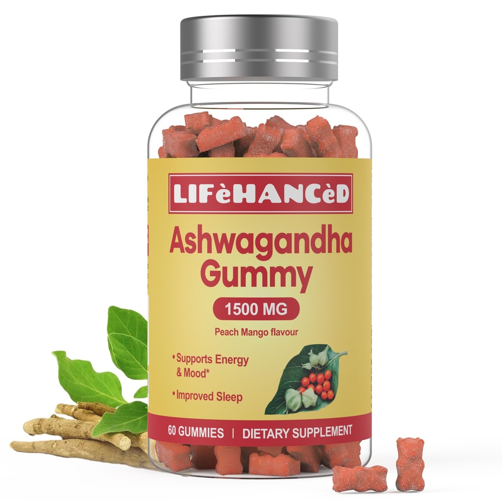 Ashwagandha Gummies, LAB Tested, 60 Count,1500mg,3% Witanolides,Peach Mango aromāts, Ideāls papildinājums jūsu ģimenes.