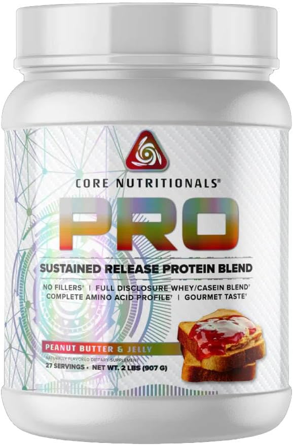 Core Nutritionals Pro ilgstošas darbības proteīna sēnīte, gremošanas enzīma sēnīte, 25G proteīns, 2G ogļhidrāts, 27 Kalpo (Peanut sviests un Jellly)