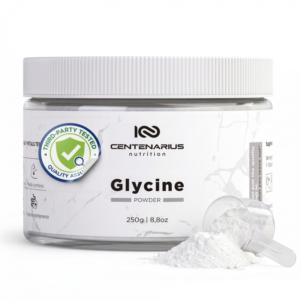 Glicīna pulveris 250g - neessential aminoskābes papildinājums pēc treniņa Muskuļu atveseļošana, Gremošanas, Miega atbalsts + vairāk - Vegan, bez piedevas, trešās puses pārbaudīts -- Centenarius Uzturs