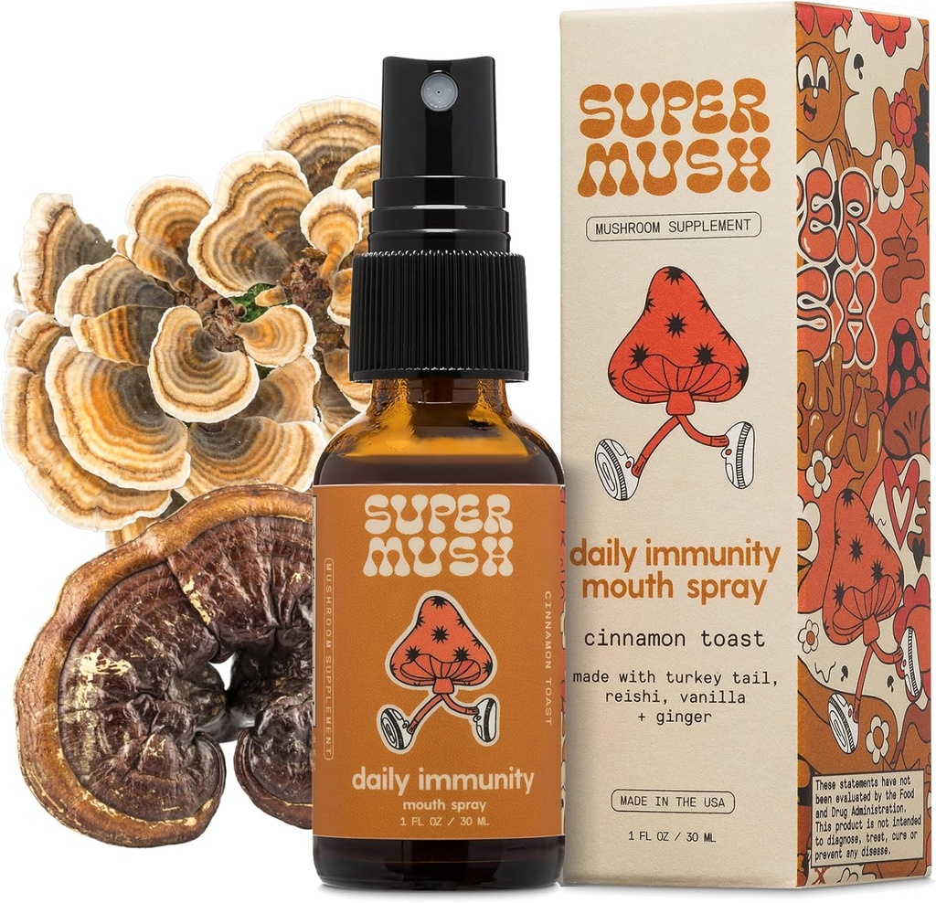 SuperMush Daily Immunity Mouth Spray Organisks - Sēņu Imunity Spray papildinājumi - Turcija Aste & Reishi Jauktas Sēnes ekstrakts - Imūnās un gremošanas Veselības Atbalsts - 30ml Tīra un Organiska Turcija Aste