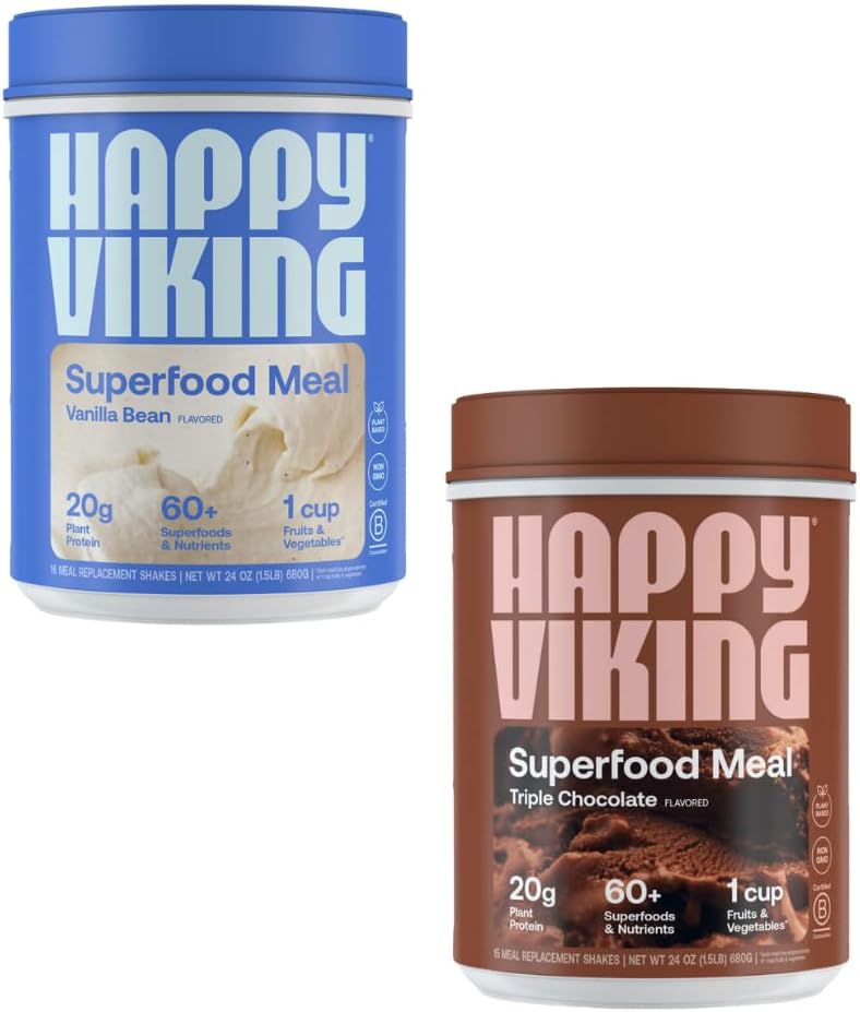 Happy Viking Vanilla and Chocolate Protein Powder, by Venus Williams, 20G Protein, Low Carb, Keto, Vegan, Gluten-Free, Superfoods, Complete Meal Replacement, 2 Canisters (24 oz. Katrs)