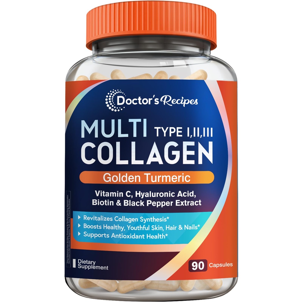 Ārsta receptes Multi-kolagēna peptīdi ar Zelta Turmeriku, C vitamīnu, Biotīnu, Hialuronskābi un melnajiem pipariem, kolagēna piedevas ādai, matiem, nagiem, kolagēns sievietēm un vīriešiem, 90 Caps