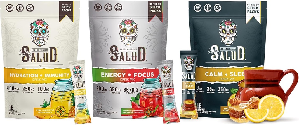 Salud Variety 3-Iepakojums -- 2-in-1 Hidratēšana + Imunitāte (Pineapple), Enerģētika + Fokuss (Zemeņu arbūzs) & Miegs + Miega (Cēloņu medus) – 15 Pasniedz katru, ne-GMO, bez lipekļa, zemu kaloriju, 1g cukura