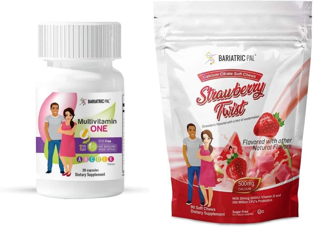 BariatricPal Duodenal Switch Complete 30 dienu piegādes Vitamīnu iepakojums (kaulu bezjonu kapsulas Kalcija citrāts Soft Chews ar probiotikām - zemeņu Twist)