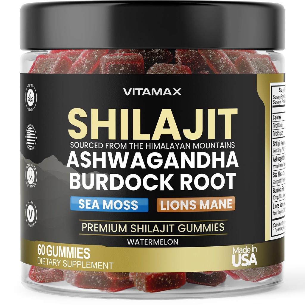 Organic Shilajit Gummies, Sea Moss, Ashwagandha, 105+ Trace Minerals – Organic Dagock Root & Lions Mane Sēnes – Arbūzu Flavor - Vegan & Non-GMO – Ražots ASV – 60ct