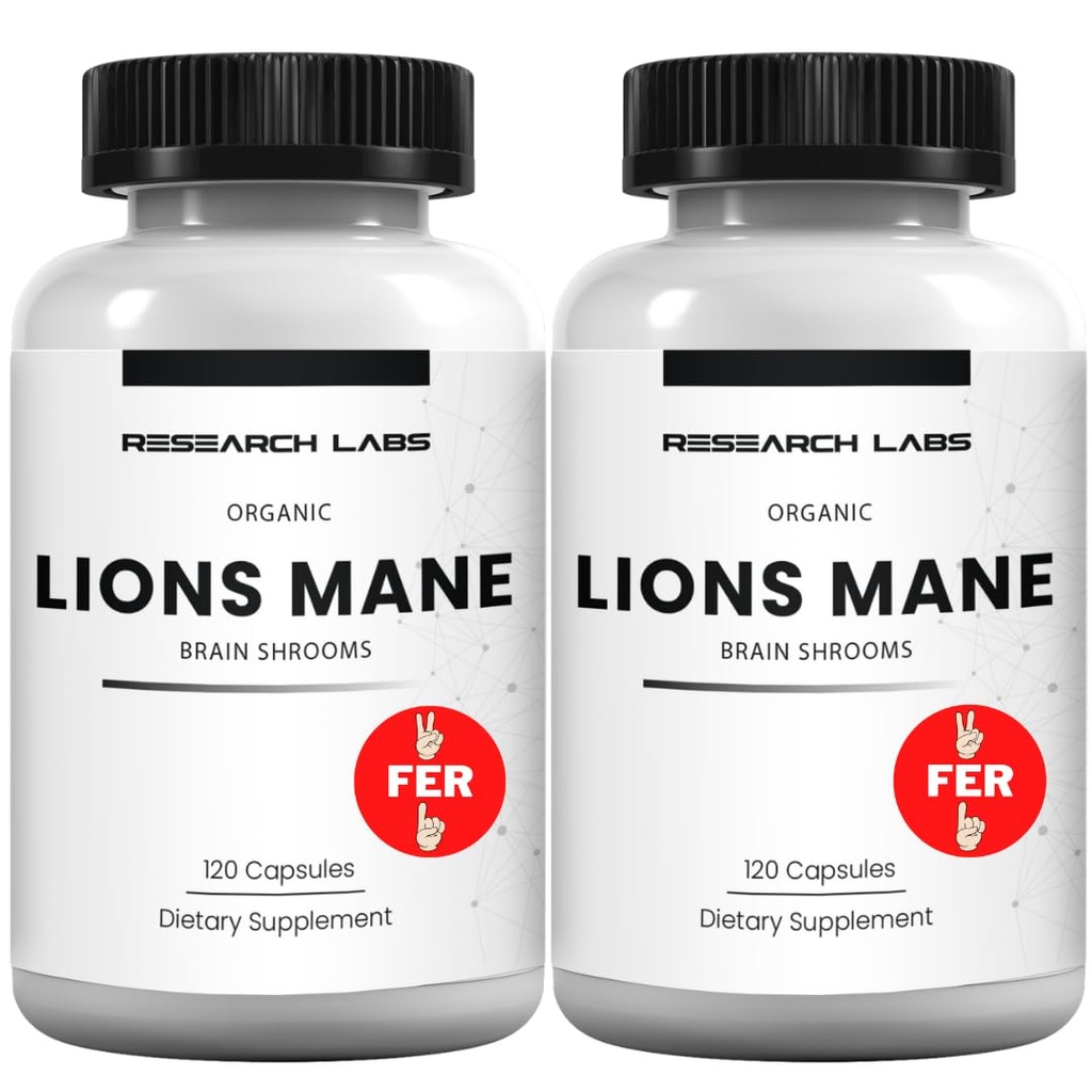 Research Labs Organic Lions Mane papildkapsulas, 2 Fer 1 Ad - 240 Kapsulas w/Patent litropaneTM Imūnsistēmas pastiprinātājs Nootropic Brain Sēņu atbalsta papildinājums. 10X Ekstrakts salīdzināms 18000mg