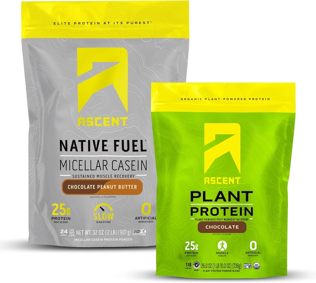 Ascent Casein Protein pulveris Šokolāde Zemesriekstu sviests 2 mārciņas un augu olbaltumvielu pulveris Šokolāde 18 Kalpo
