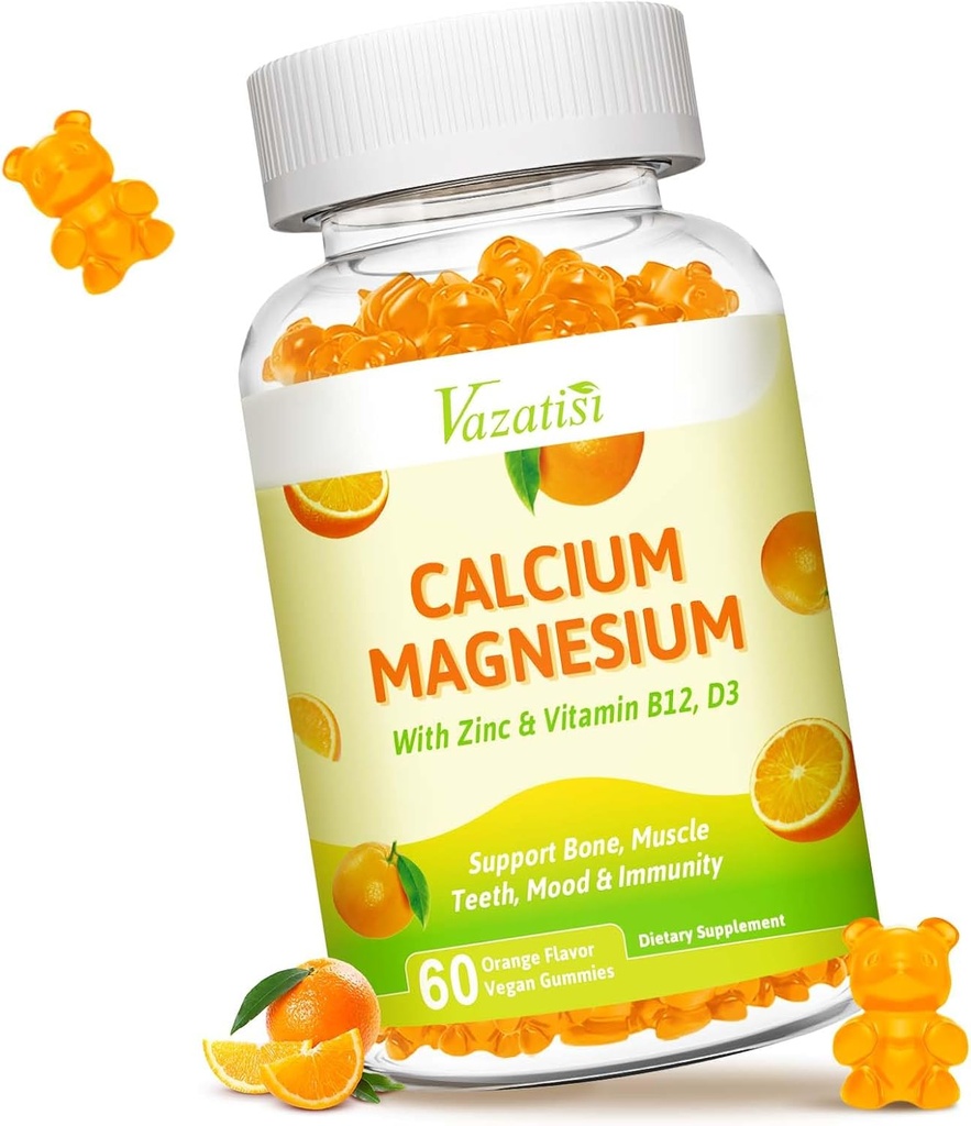 Kalcija magnija cinka Gumijas ar vitamīnu D3 un K2, Augsta Absorbcija Magnija Glicināt Kāliju Imūns un kalsmojošs koks, Vegan Orange Flavor 60 Gumijas