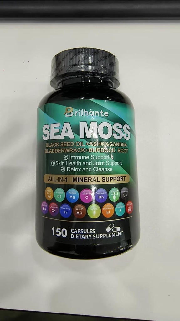 Sea Moss 27,850mg Ashwagandha 1000mg Melnā sēklu eļļa 4000mg Ashwagandha piedevas C vitamīns un D3 vitamīns ar Bladderwrack, ingvers, dadzis saknes imūnās sistēmas-145 kapsulas