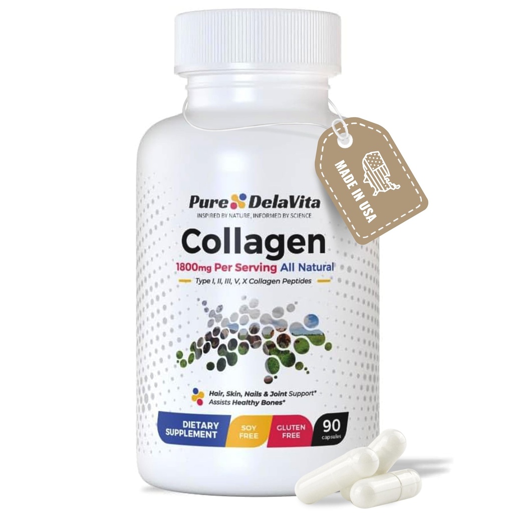 Pilnīgas kolagēna kapsulas sievietēm – 1800 mg, I, II, III, V, X tips matiem, ādai, nagiem, locītavām un kaulu veselībai, augsta absorbcija, pretnovecošanās, ne-GMO, bez lipekļa, 90 kapsulas