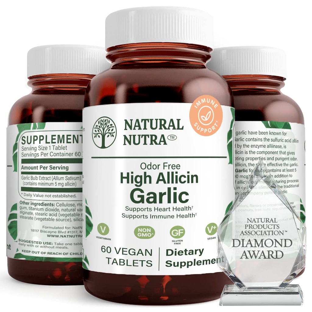 Dabas Nutra High Allicin Ķiploku papildinājums, Atbalsta Imūnās sistēmas, Uzlabot Sirds veselību, Uzlabot Enzīmu veselību, Labāka Gremošana, Cīņas Aukstuma un Flu, Vanilla Apvalks, 500mg, 60 Vegan tabletes
