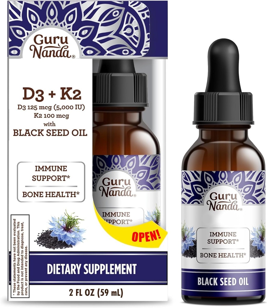 GuruNanda Wellness Bandle: Liquid Ashwagandha ar Bacopa (1 Fl Oz) priekš Focus & Relaxation Support & Black Seed Oil (2 Fl Oz) ar vitamīnu D3, K2 & E Imūnās Boost - Vegan & Non-GMO