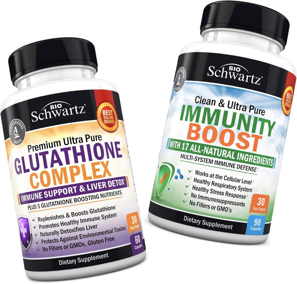 Glutatione komplekss ar pienu Thistle ekstrakts, vitamīns C & Quercetin + 17-in-1 Immunity Boost Papildinājums ar plūškoka, vitamīns C, Echinacea & Cinka - veicina aknu un imūno atbalstu