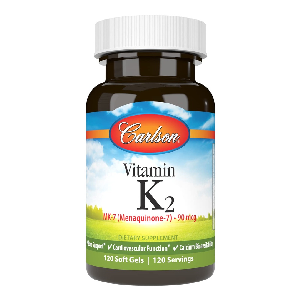 Carlson - vitamīns K2 MK-7 (menahinons), 90 μg, kaulu balsts, kalcija biopieejamība, K2 vitamīns, vitamīns K-2, 120 softgeli