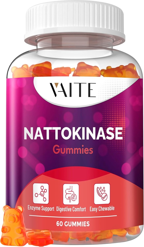 VAITE Nattokināzes papildinājums 2000 FU (Fibrinolītiskās vienības) 100 mg - Enzīmu papildinājums, Vegan formula, atbalsta veselība, dubultā izturība, ne-GMO, bez sojas, bez lipekļa, 60 veģetārās gumijas