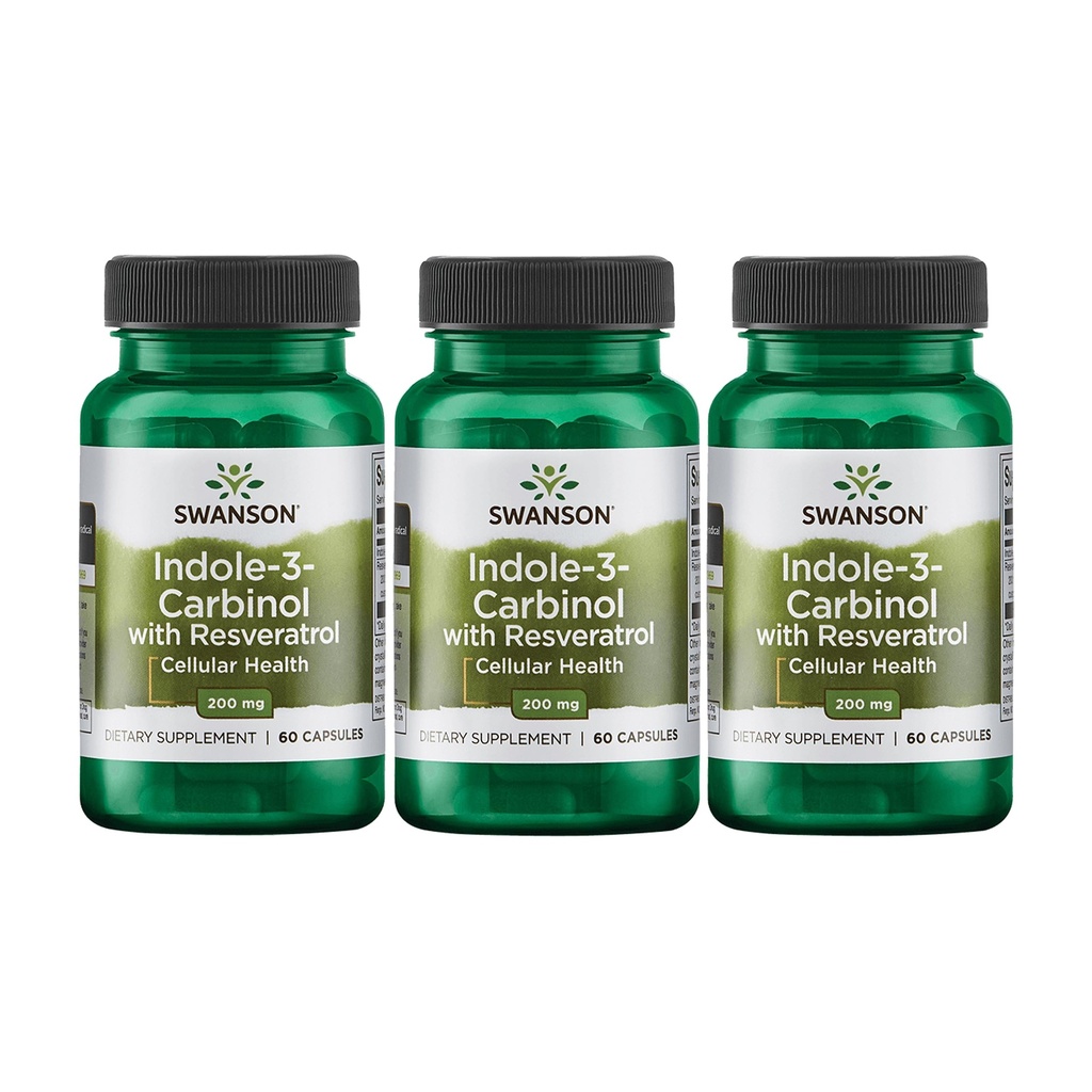 Swanson Indole-3-Carbinol ar Resveratrol - I3C papildinājums, kas veicina šūnu aizsardzību - Dabas papildinājums, lai palīdzētu uzturēt veselīgu hormonu līdzsvaru - (60 kapsulas, 200mg katra) (3 iepakojums)